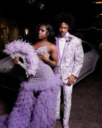 The Lavender Dream - 2026 Lavender Purple Crystal Feather Ruffle Mermaid Gown: Sweetheart Neckline with Feather Sleeves & Layered Tulle Cathedral Train