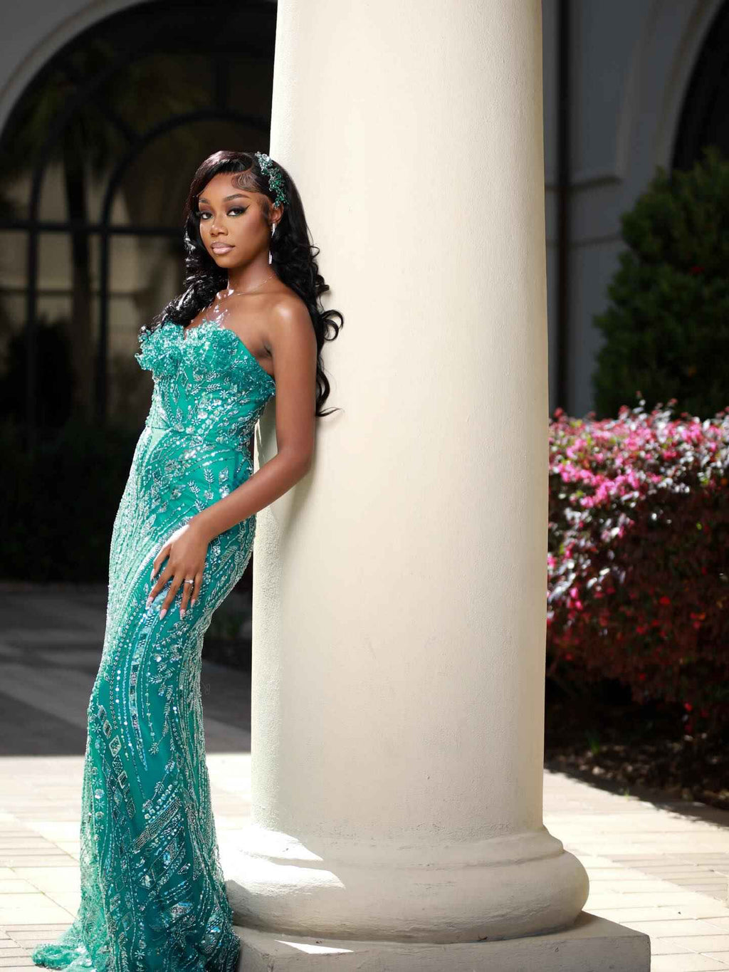 Emerald Dream - Off-Shoulder Sequin Beaded Mermaid Prom Dress with 3D Floral Details