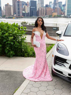 The Pink Perfection - 2026 Off-Shoulder Beaded Mermaid Gown: Blush Sequins with White Floral Appliqués & Cathedral Train
