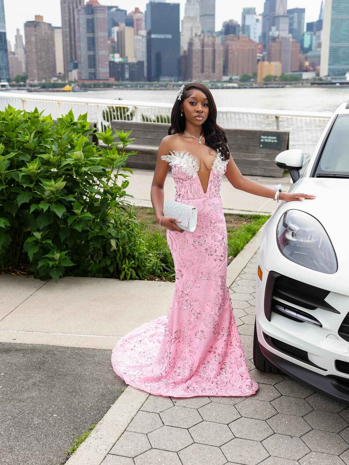 The Pink Perfection - 2026 Off-Shoulder Beaded Mermaid Gown: Blush Sequins with White Floral Appliqués & Cathedral Train
