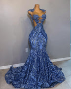 The Ocean Queen - 2026 Royal Blue Crystal Lace Illusion Mermaid Gown: Off-Shoulder Straps with Sheer Bodice, Intricate Lace & Cathedral Train