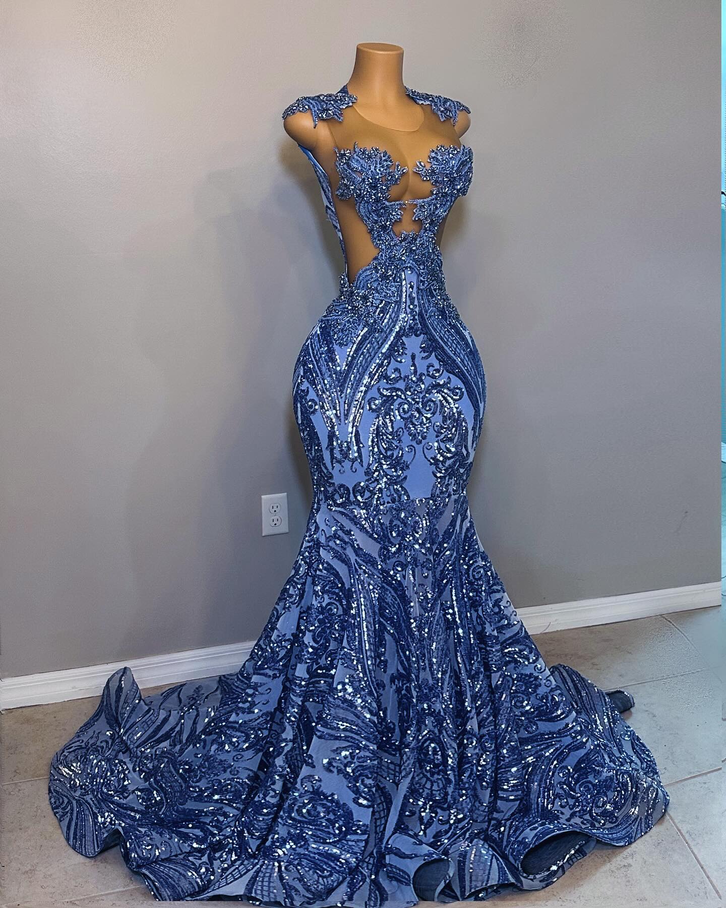 The Ocean Queen - 2026 Royal Blue Crystal Lace Illusion Mermaid Gown: Off-Shoulder Straps with Sheer Bodice, Intricate Lace & Cathedral Train