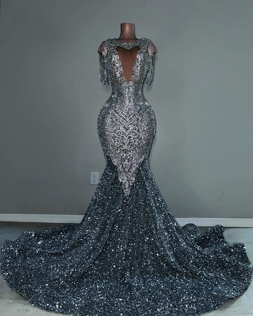 The Midnight Starlight - 2026 Silver Black Ombré Crystal Fringe Mermaid Gown: Plunging V-Neckline with Crystal Tassel Sleeves, Open Back & Cathedral Train