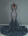 The Midnight Starlight - 2026 Silver Black Ombré Crystal Fringe Mermaid Gown: Plunging V-Neckline with Crystal Tassel Sleeves, Open Back & Cathedral Train