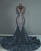 The Midnight Starlight - 2026 Silver Black Ombré Crystal Fringe Mermaid Gown: Plunging V-Neckline with Crystal Tassel Sleeves, Open Back & Cathedral Train