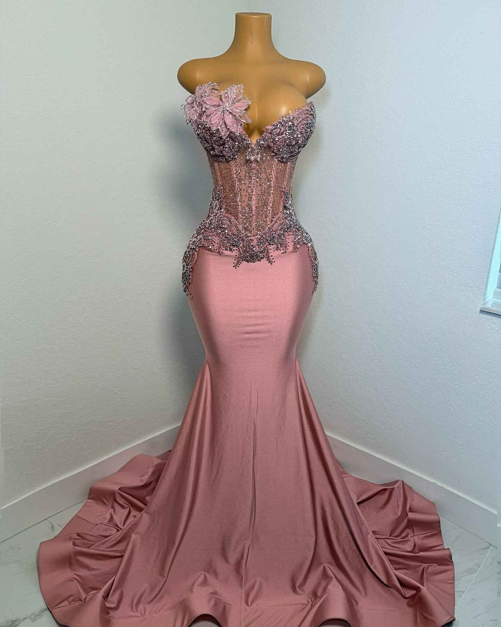 Rose Garden Dreams - Beaded Floral Mermaid Prom Dress with Ruffled Train