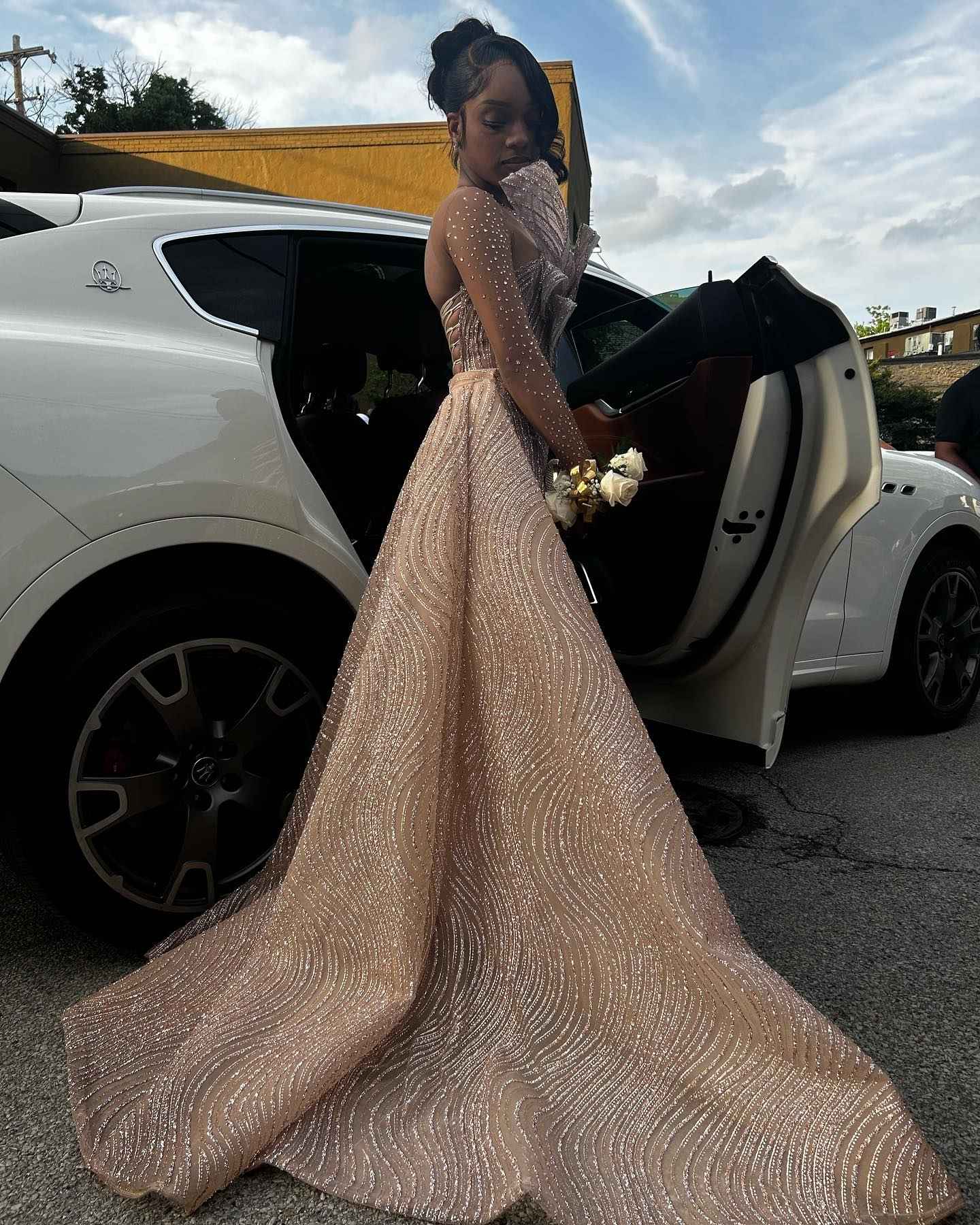 Rose Gold Waves - Beaded Long Sleeve Prom Dress with High Slit