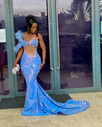 The Blue Butterfly - 2026 Beaded Mermaid Gown: One-Shoulder Blue Lace Appliqué with Sheer Crystal Corset & Geometric Beadwork