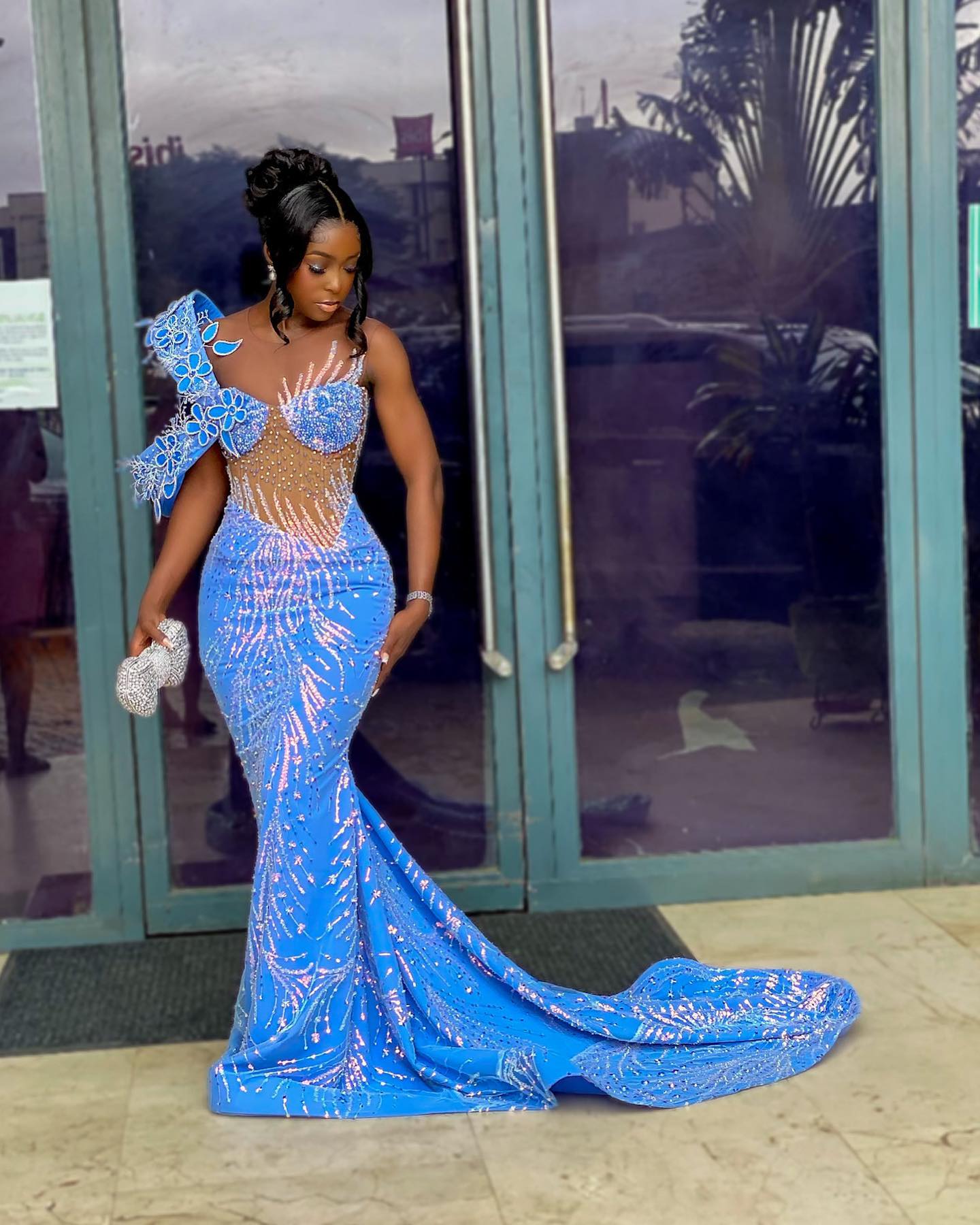 The Blue Butterfly - 2026 Beaded Mermaid Gown: One-Shoulder Blue Lace Appliqué with Sheer Crystal Corset & Geometric Beadwork