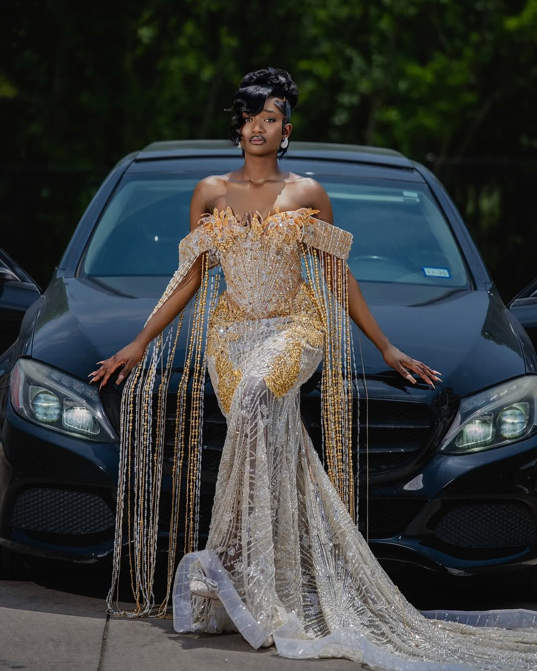 The Golden Empire - 2026 Beaded Mermaid Gown: Off-Shoulder with Dramatic Beaded Fringe Cape & Sheer Mesh Panels