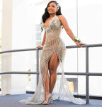 Champagne Radiance - Art Deco Beaded Prom Dress with 3D Florals & High Slit