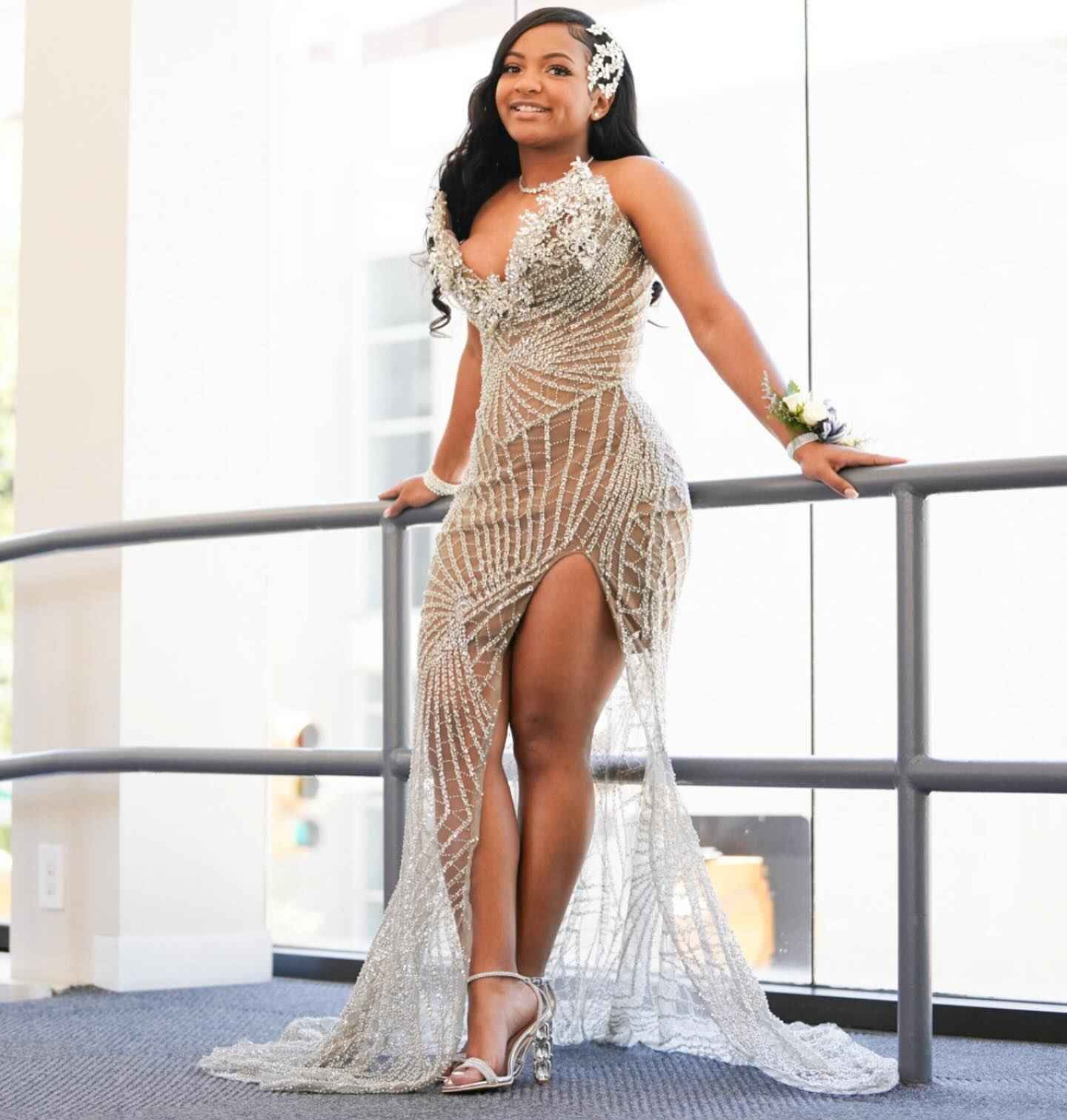 Champagne Radiance - Art Deco Beaded Prom Dress with 3D Florals & High Slit