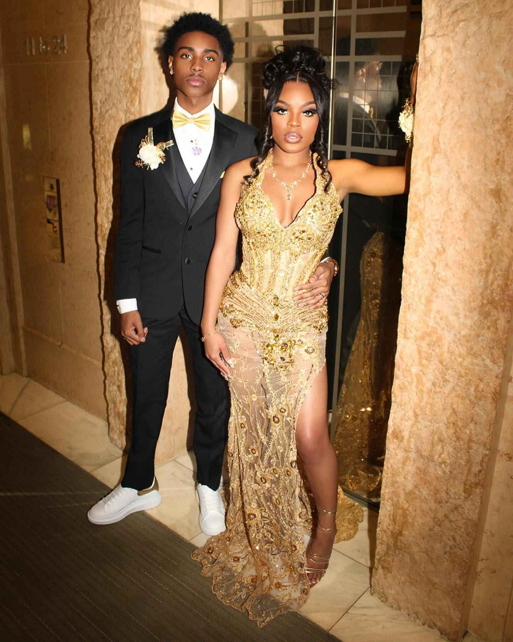 Golden Elegance - Sheer Beaded Prom Dress with Deep V & High Slit