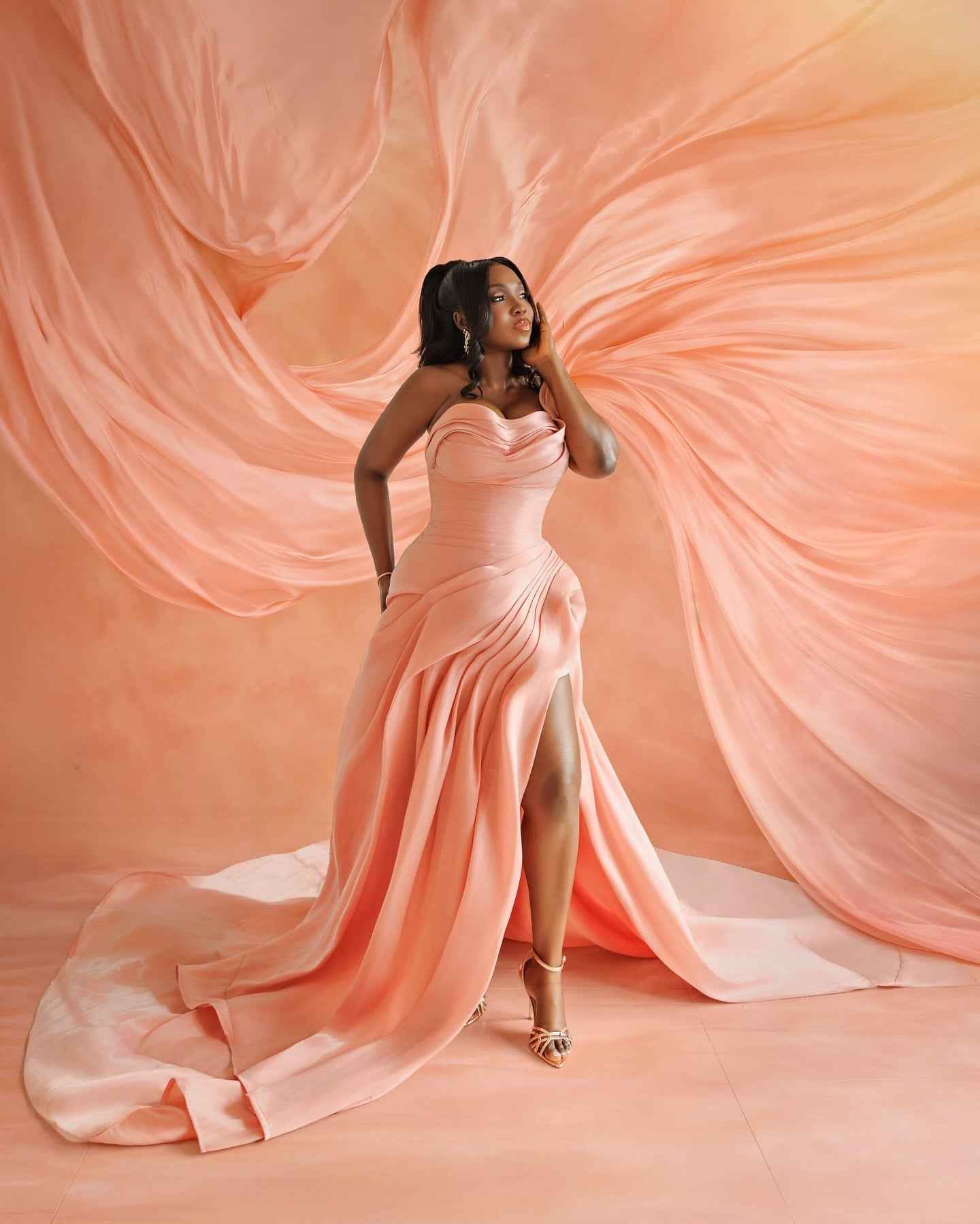 Coral Sunset - Draped Satin Mermaid Prom Dress with High Slit