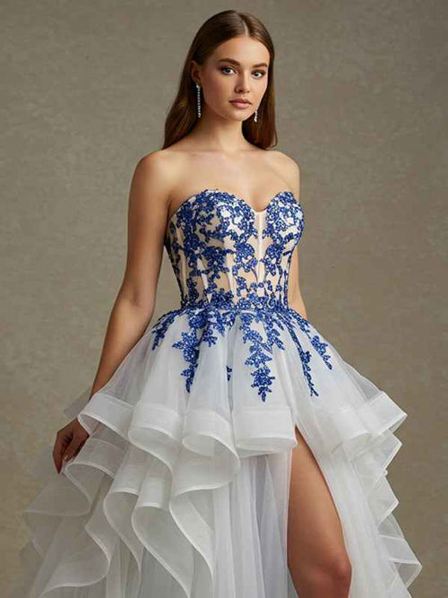 Ball-Gown/Princess V-Neck Off The Shoulder Sweep Train Tulle Prom Dress BMBRIDE