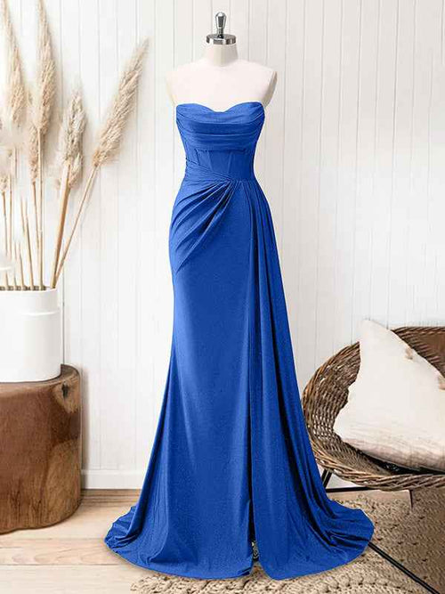 Glitter Royal Blue Strapless Mermaid Long Prom Dress with Slit BMBRIDE