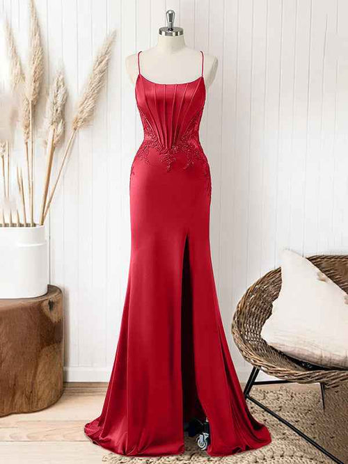 Red Mermaid Corset Spaghetti Straps Long Prom Dress with Appliques BMBRIDE