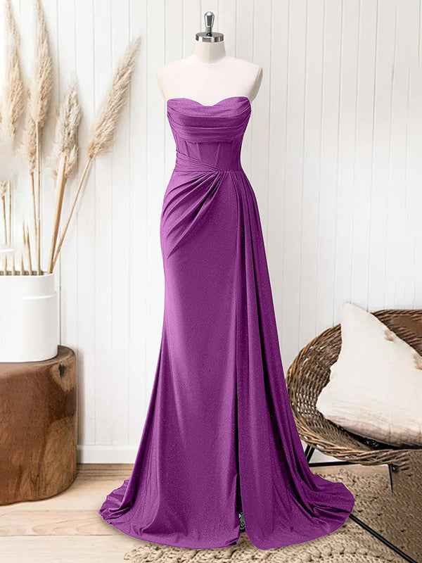 Glitter Royal Blue Strapless Mermaid Long Prom Dress with Slit