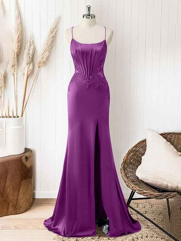 Red Mermaid Corset Spaghetti Straps Long Prom Dress with Appliques