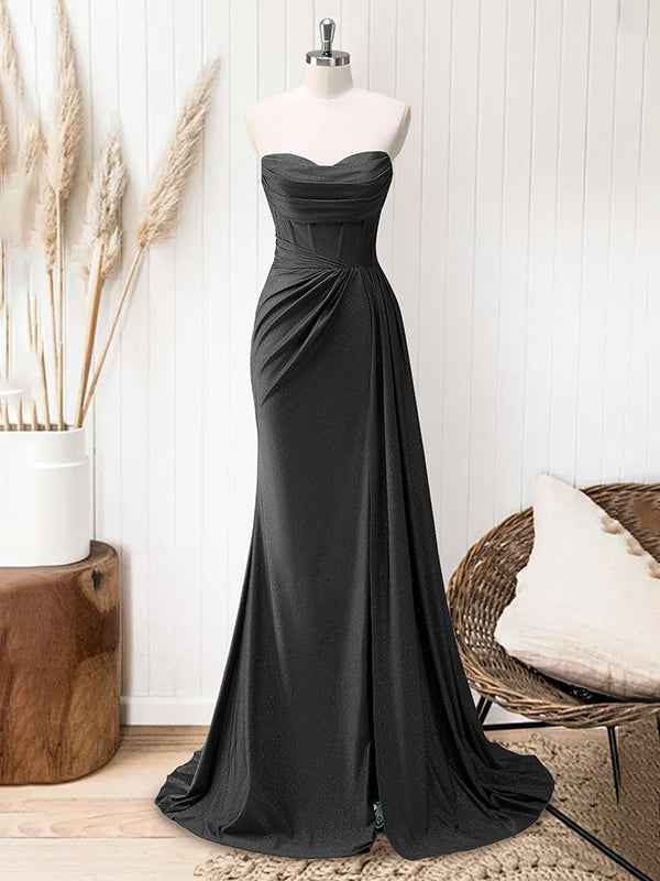 Glitter Royal Blue Strapless Mermaid Long Prom Dress with Slit