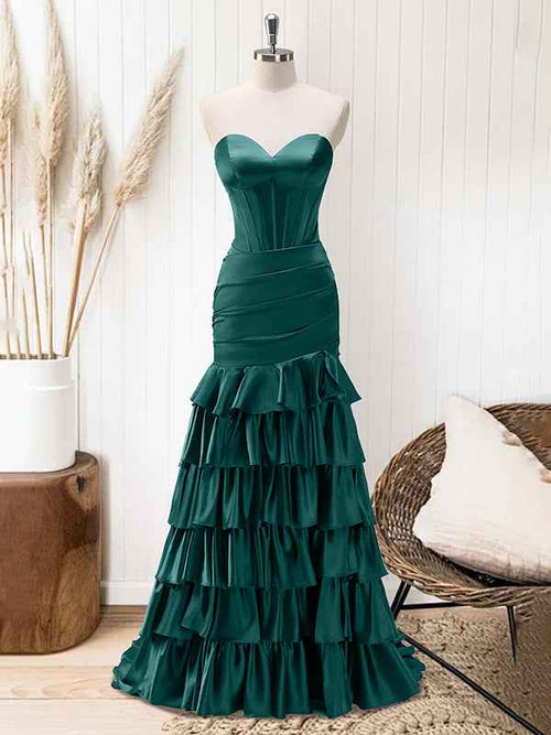 Green Mermaid Strapless Corset Tiered Long Prom Dress BMBRIDE