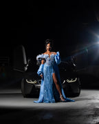 The Sky Diamond - 2026 Off-Shoulder Beaded Mermaid Gown: White Floral Appliqués with Crystal Fringe & Blue Satin Sleeves