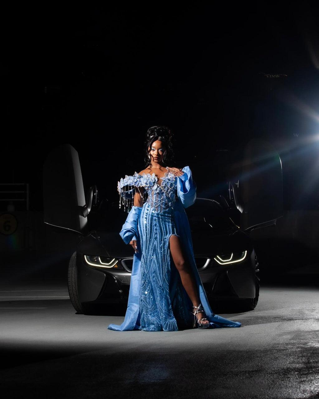 The Sky Diamond - 2026 Off-Shoulder Beaded Mermaid Gown: White Floral Appliqués with Crystal Fringe & Blue Satin Sleeves