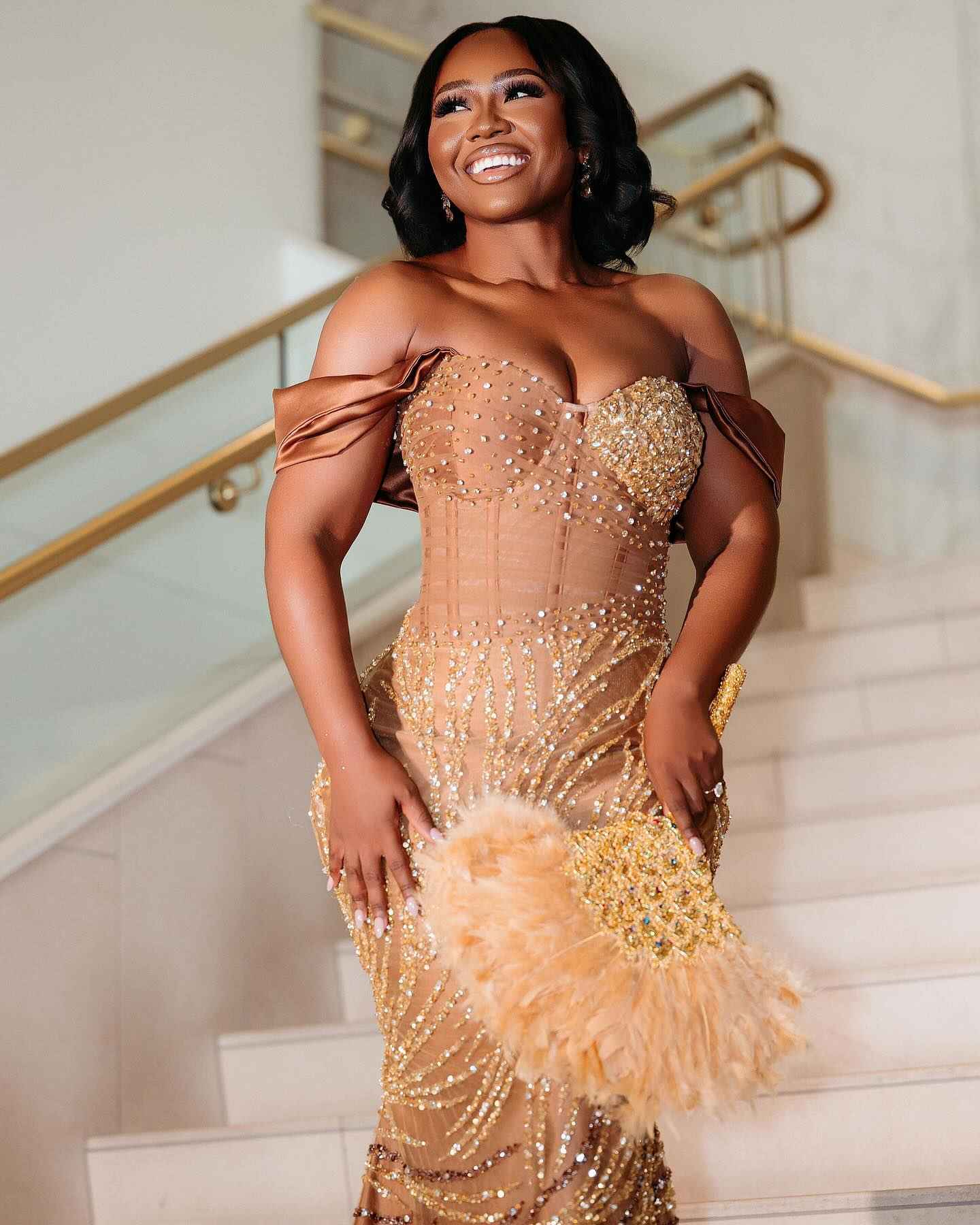 Golden Sunset - Ombre Beaded Mermaid Prom Dress with Feather Trim