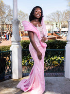 Pink Glow - Sequin Beaded Mermaid Prom Dress with Draped Chiffon Wrap