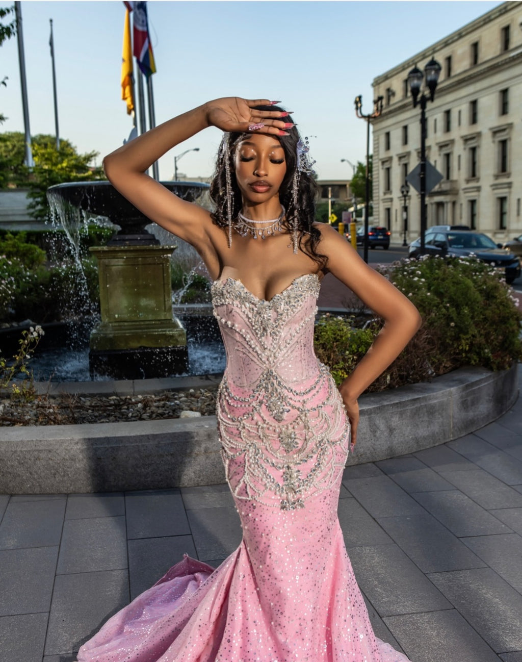 The Pink Princess - 2026 Crystal Beaded Mermaid Gown: Blush Pink with Silver Geometric Crystals & Dramatic Tulle Ruffle Overskirt