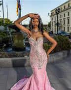 The Pink Princess - 2026 Crystal Beaded Mermaid Gown: Blush Pink with Silver Geometric Crystals & Dramatic Tulle Ruffle Overskirt