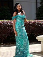 Emerald Dream - Off-Shoulder Sequin Beaded Mermaid Prom Dress with 3D Floral Details
