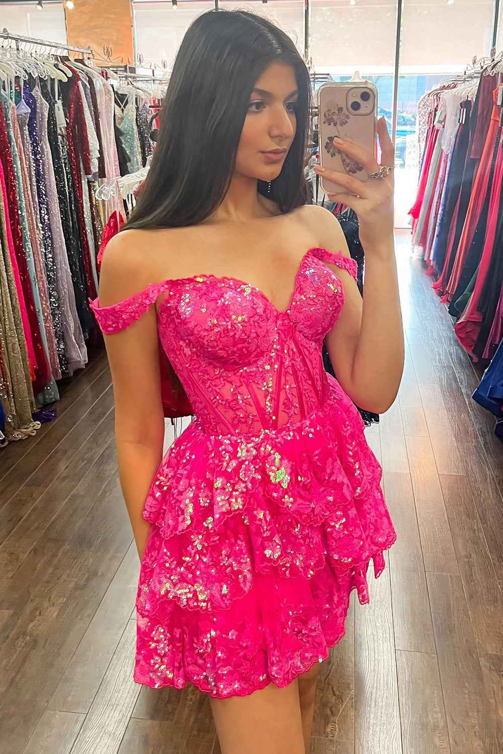 Sparkly Fuchsia A Line Tiered Lace Short Homecoming Prom Dress Bmbride