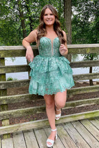 Sparkly Green Sequins Corset Short Homecoming Dress With Ruffles Bmbride