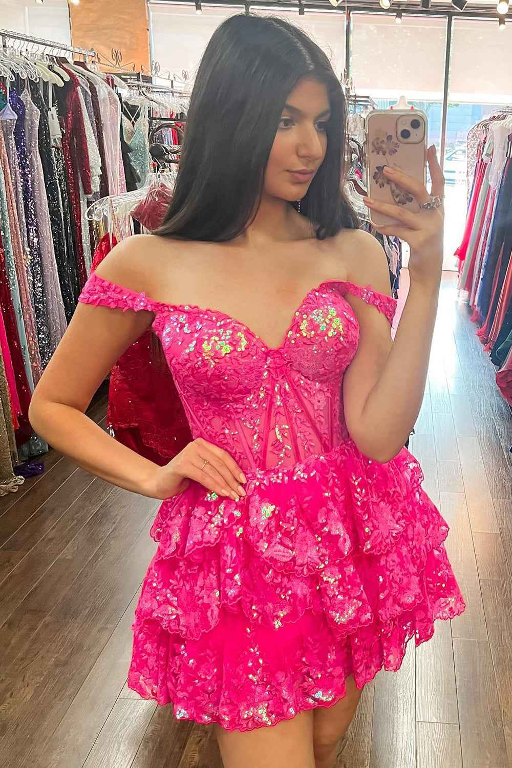 Sparkly Fuchsia A Line Tiered Lace Short Homecoming Prom Dress Bmbride
