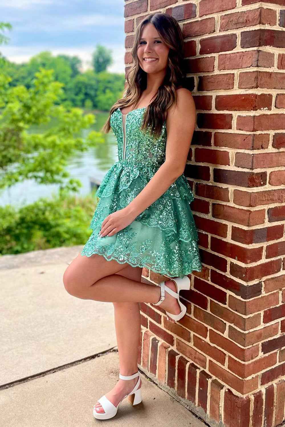 Sparkly Green Sequins Corset Short Homecoming Dress With Ruffles Bmbride