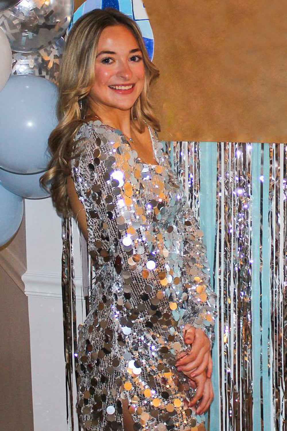 Sparkly Silver Long Sleeves Short Homecoming Dress Bmbride