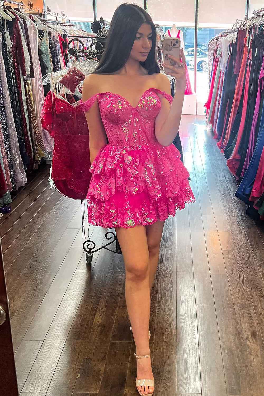 Sparkly Fuchsia A Line Tiered Lace Short Homecoming Prom Dress Bmbride