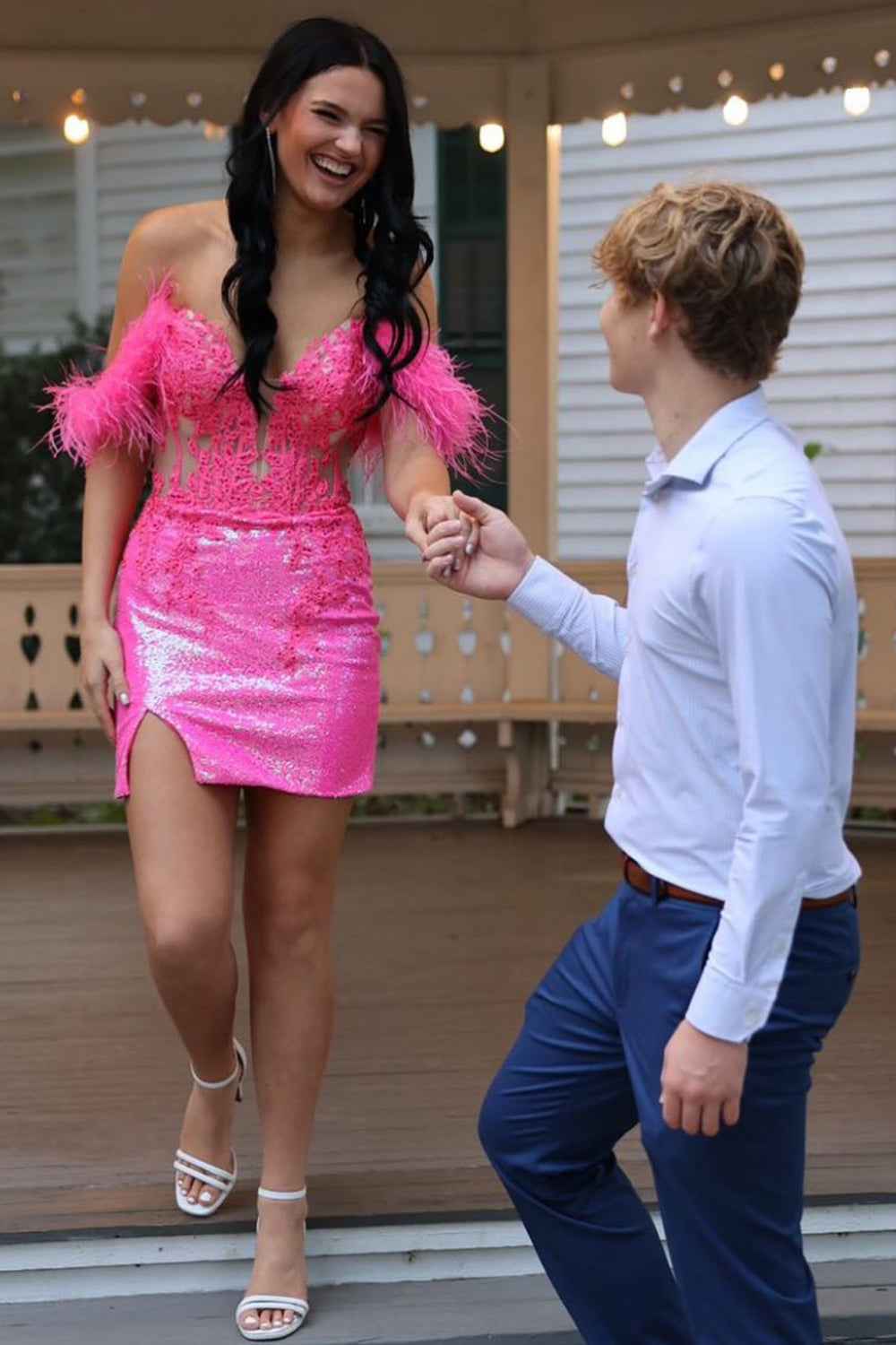 Sparkly Fuchsia Off the Shoulder Tight Short Homecoming Dress with Feathers Bmbride