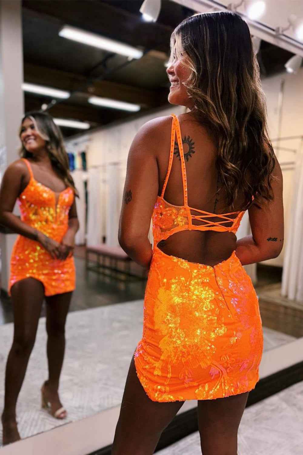 Orange Sparkly Sequins Tight Short Homecoming Dress Bmbride