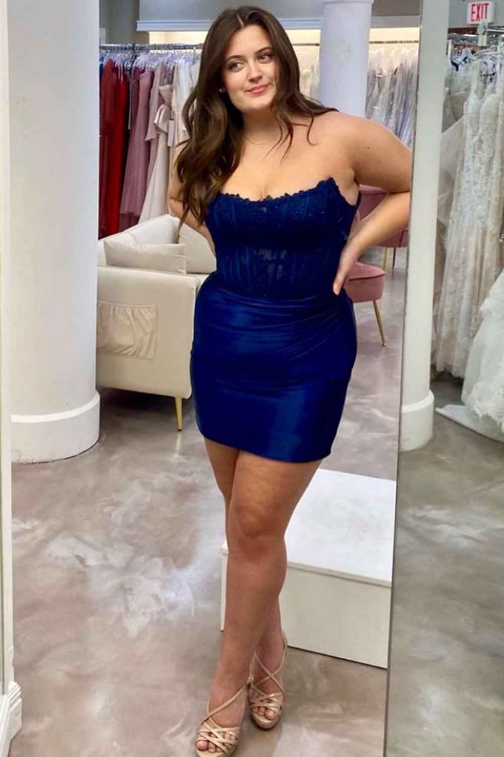 Dark Green Detachable Long Sleeves Satin Corset Tight Short Homecoming Dress (Gloves not Included) Bmbride