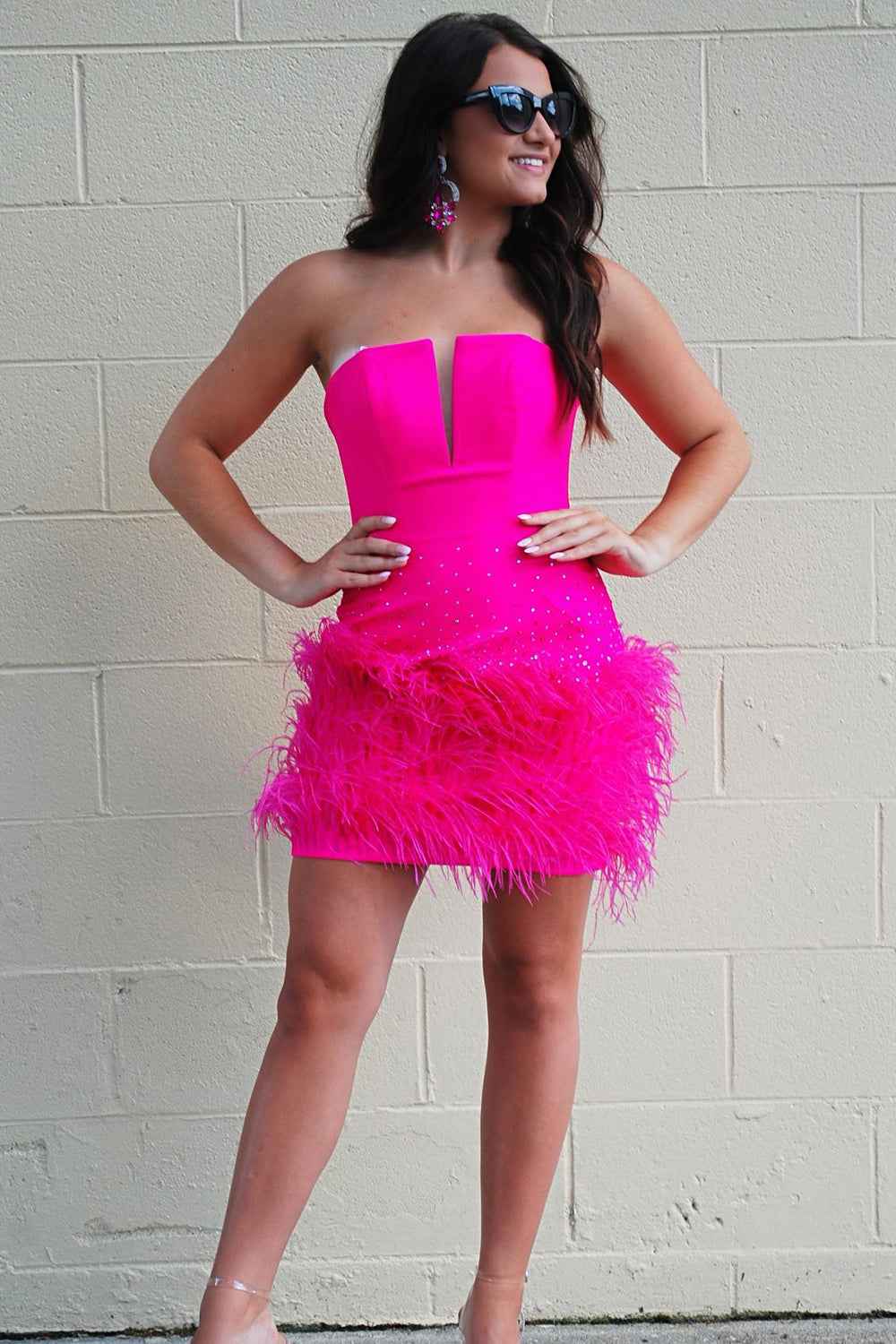 Sparkly Beaded Fuchsia Bodycon Feathered Homecoming Dress Bmbride