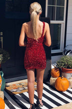 Sparkly Burgundy Sequins One Shoulder Tight Short Homecoming Dress