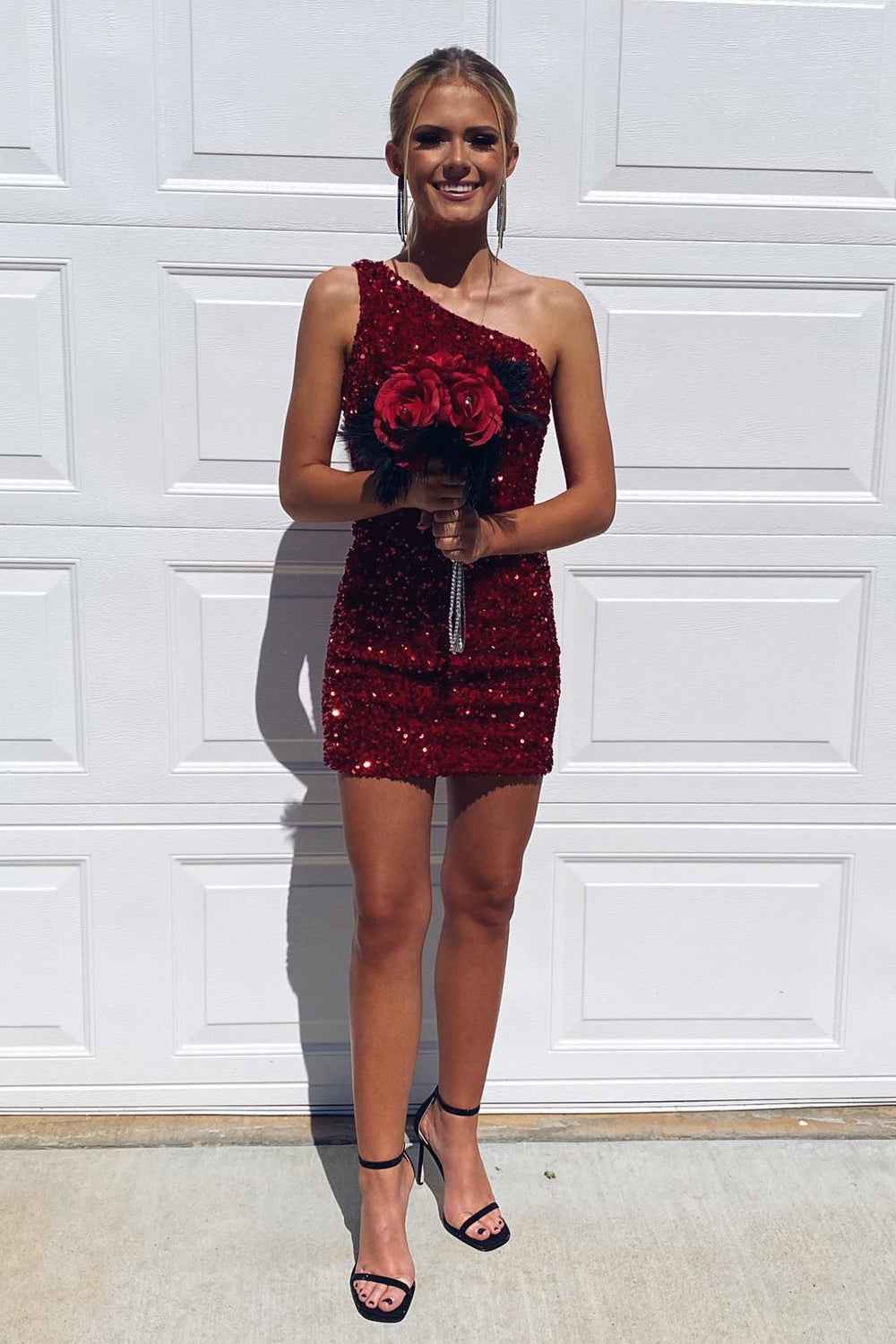 Sparkly Tight Fuchsia Sequins One Shoulder Homecoming Dress