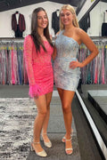 Blue One Shoulder Corset Tight Short Homecoming Dress With Feathers Bmbride