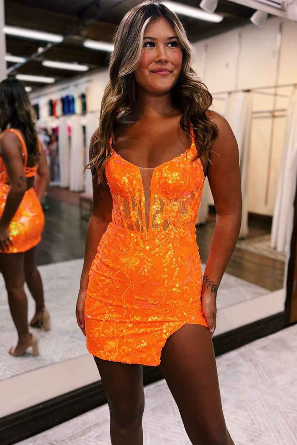 Orange Sparkly Sequins Tight Short Homecoming Dress Bmbride