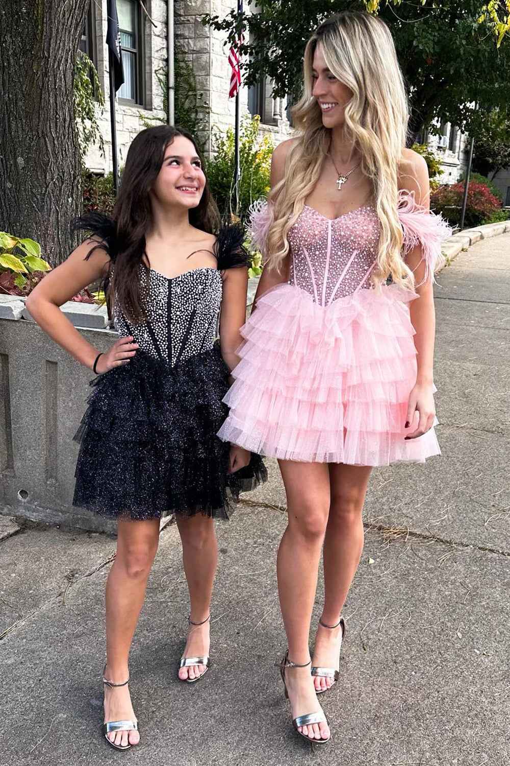 Sparkly Black Beaded Corset Ruffled Short Homecoming Dress With Feathers Bmbride