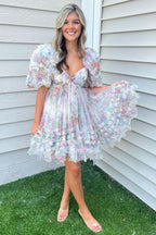 Ivory Puff Sleeves A-Line Floral Short Homecoming Dress with Ruffles Bmbride