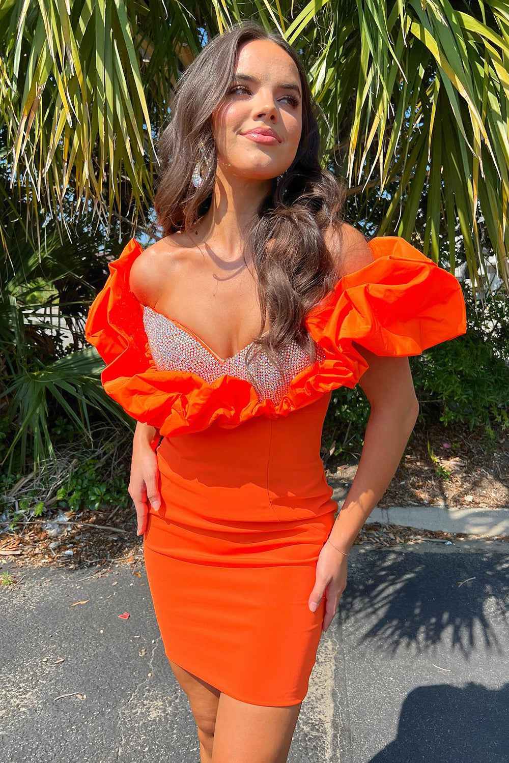 Sparkly Orange Off The Shoulder Bodycon Beaded Homecoming Dress Bmbride