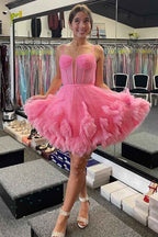 Glitter Pink Corset Tulle A-Line Tulle Short Homecoming Dress With Pocket Bmbride